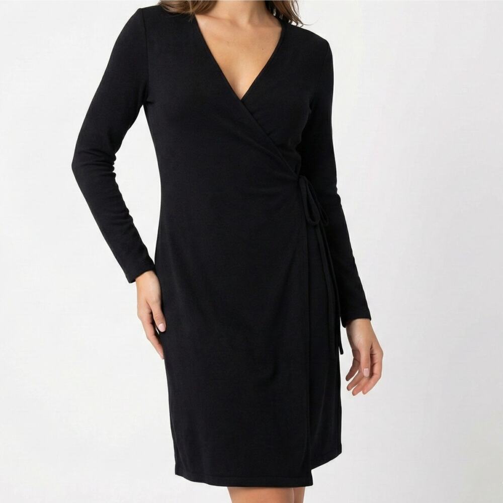 Banana Republic XS Black V Neck Long Sleeve Wrap Dress Rayon Polyester